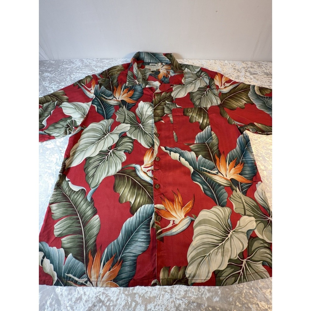 Vintage Island Republic Silk Hawaiian Camp Shirt XL Red Tropical Aloha Birds